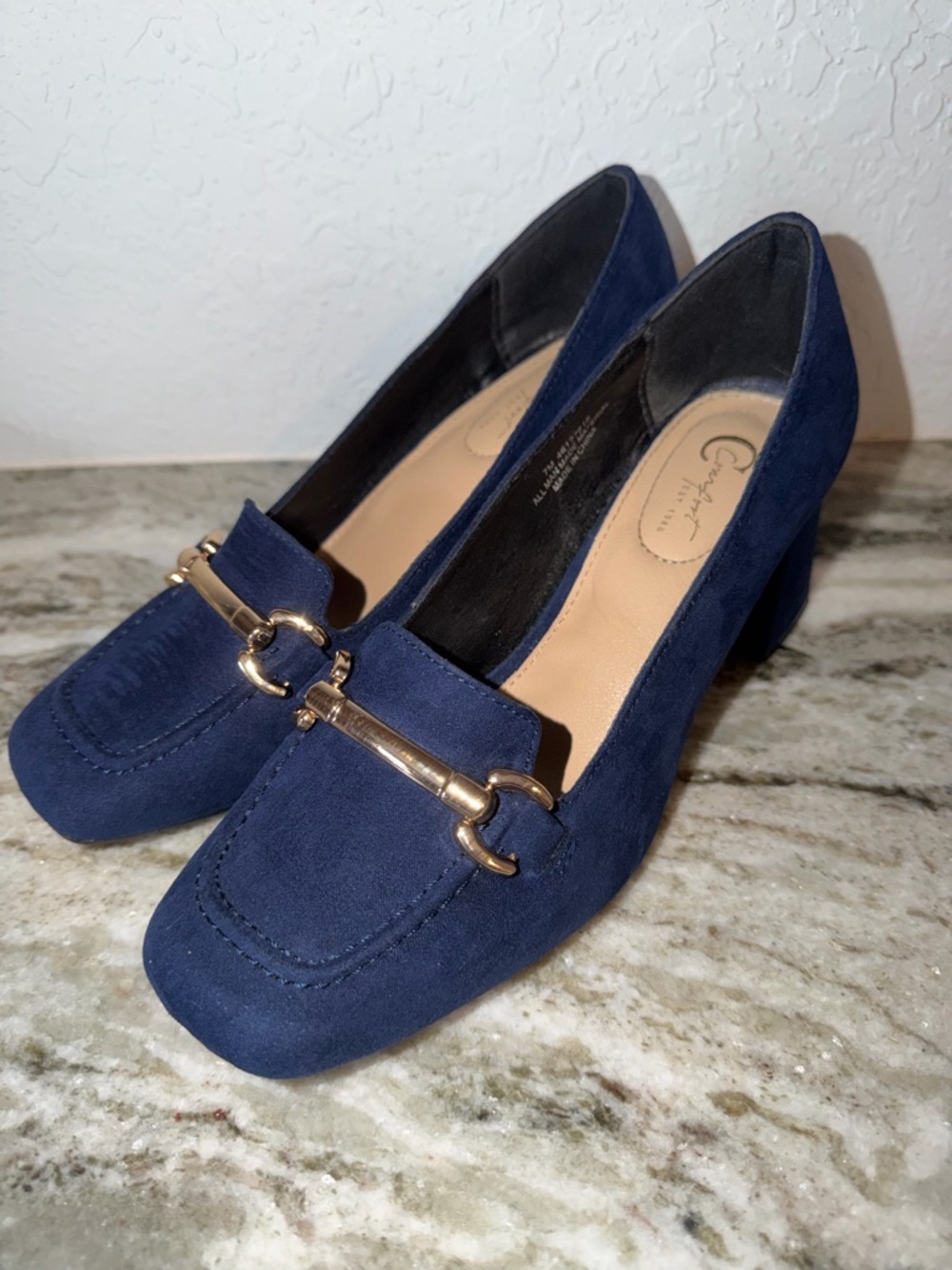 Cato Navy Suede Block Heel Loafers with Gold Accent
